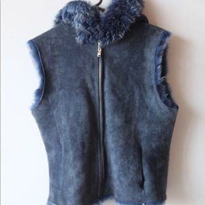 DAMSELLE Blue faux fur, real leather vest (size M)